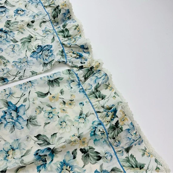 Vintage Blue Floral Cotton Lace Ruffle Trim 2 Standard Pillowcases & Flat Sheet - Picture 6 of 14